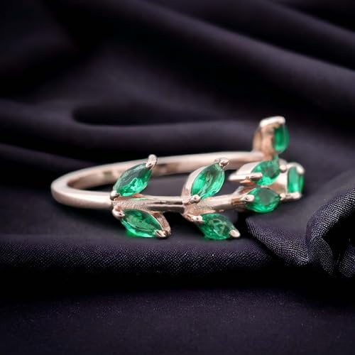 emerald wedding band marquise cut green stone solid gold adjustable band nature-inspired leaf ring may birthstone gift for her3