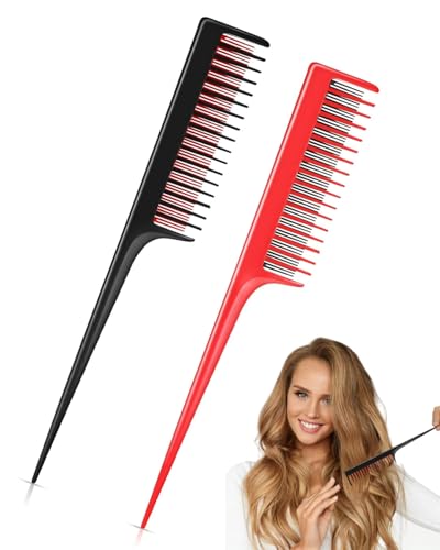 HSIXHAF 2 Pezzi Pettine Pettinatura all'Indietro Tripla Pettine a Coda di Topo per Donna Pettinare Schiena Pettinatura Radice dei Capelli, Styling Serale, Aggiunta Volume, Nero e Rosso