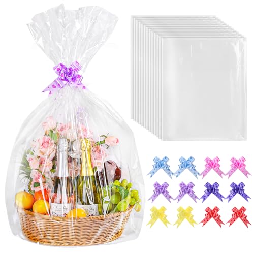 woric 12 Pcs Extra Large Cellophane Bags for Hampers with Bows