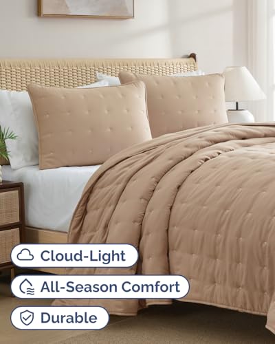 Image of Quilts Full Size - Bedspread for Full Size - Lightweight Comforter Set - Quilt Bedding Set for All-Seasons - Soft, Breathable and Comfy - Summer Coverlet with 2 Pillow Shams - 80 inch x 80 inch, Light Brown
