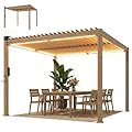 Outsunny Louvered Pergola with Solar LED Lights, 10' x 10' Outdoor Pergola Metal Patio Hardtop Gazebo with Adjustable Metal Louvered Roof, Drainage Gutters, Handle for Deck, Brown