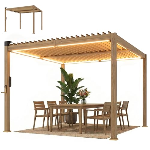 Outsunny Louvered Pergola with Solar LED Lights, 10' x 10' Outdoor Pergola Metal Patio Hardtop Gazebo with Adjustable Metal Louvered Roof, Drainage Gutters, Handle for Deck, Brown