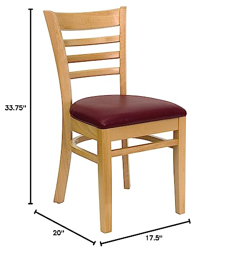 Image of Flash Furniture 2 Pk. HERCULES Series Ladder Back Natural Wood Restaurant Chair - Burgundy Vinyl Seat
