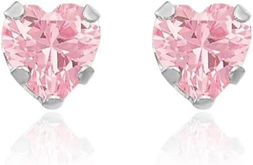 IceCarats 14K Solid White Gold Pink Cubic Zirconia Medium Stud Earrings 4mm Heart Cut, Prong Set, Butterfly Back For Her