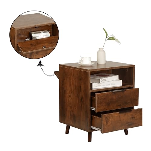 {Mesitas de Noche Vintage Marron Mesitas de Noche Vintage ZMARKRAFT Mesita de noche con compartimento oculto, moderna de mediados de siglo con almacenamiento oculto, mesita de noche...
