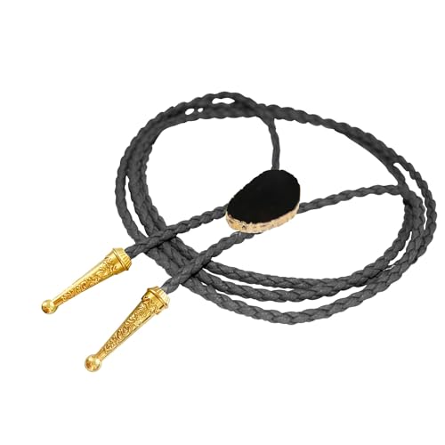 Image of Daisy Del Sol Gemstone Bolo Tie Braided Vegan Faux Leather Natural Stone Gold Handmade Necklace Adjustable Boho Western Jewelry
