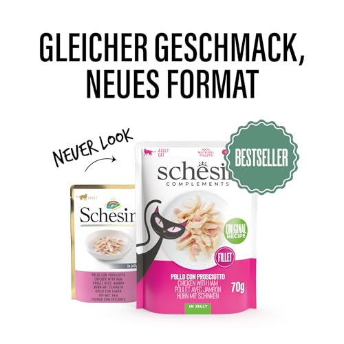 Schesir, Hähnchenfilets mit Schinken in Gelee, ergänzendes Nassfutter für Katzen, Originalrezept, 100% natürlich, 12 Beutel à 70 g