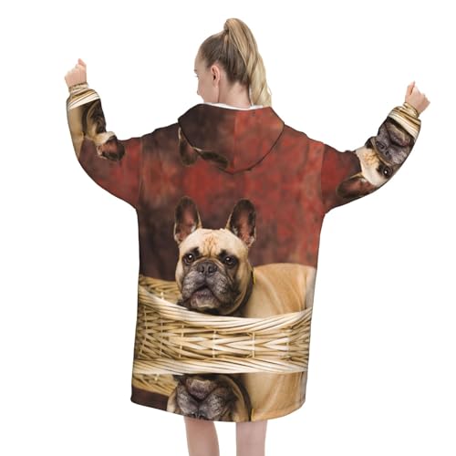 Couverture à capuche oversize bouledogue français pull flanelle marron