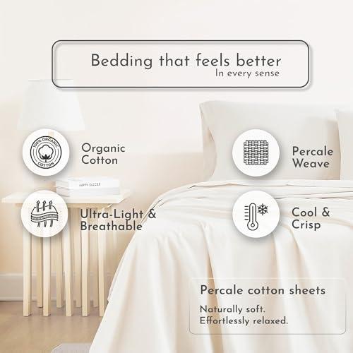 Image of Linen Closet 100% Organic Cotton King Size Sheets Set, 4 Pcs, Beige - Percale Bed Sheets & Pillowcases Set - Up To 16 inch Deep Pocket Fitted Sheet - Cooling, Crisp & Breathable - For Hot Sleepers