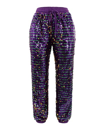 Aelidiya Women's Glitter Sequin Long Pants Bling Party Clubwear Elastic Drawstring Casual Trousers3