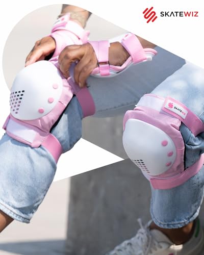 SKATEWIZ Kids Knee Pads and Elbow Pads Set - Wrist Guards for Skateboarding - Smash - Size S Pink White - Skating Protective Gear, Roller Skates, Skateboard - Ice Skating Kids