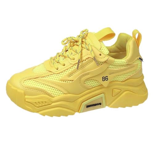 Flying Weaving Sneakers Mujer Moda Otoño e Invierno Cabeza Redonda Zapatos de Cordones Zapatos Casual con Suela Gruesa Zapatillas de Correr, amarillo, 40 EU Ancho
