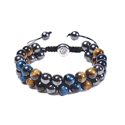 FFWTPY 8mm Réglable Bracelet Pierre Naturelle Oeil de Tigre Homme Noir et Bleu Elastique Bracelets Perle Élastique Perles (Bleu noir)