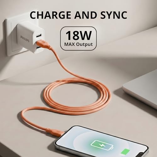 Image of PHILIPS DLC4130AR /94 18W Type-A to Type-C Fast Charging Cable (1m, Coral Reef) | Nylon Braided | Compatible with iPhone 15+ Series, USB-C iPad Models, Samsung Galaxy & All Type C Devices
