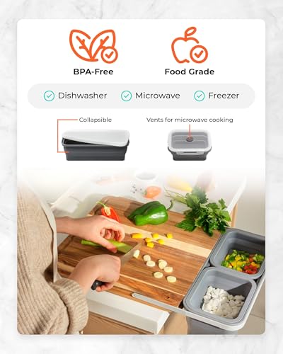 Tabla de Cortar para Preparación de Comidas TidyBoard con Contenedores - Tabla de Madera de Acacia con Contenedores y Tapas de Silicona - Estación para Preparación de Comidas - Tabla de Cortar para Colocar sobre el Fregadero (Pack Base, Gris) miniatura 5