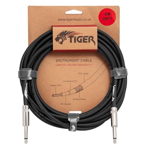 Câble guitare 6m jack mono Tiger blindé à faible bruit pour ampli et basse