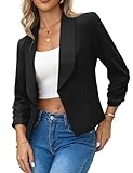 GoMamee Women’s Cropped Black Blazer Jacket, 3/4 Ruched Sleeve Short Blazer Lightweight Business Casual Jacket, Medium