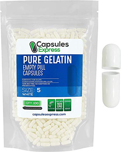 Capsules Express- Size 5 White Empty Gelatin Capsules - Kosher - Pure Gelatin Pill Capsule - DIY Powder Filling (100)