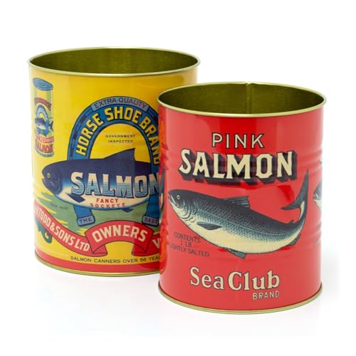 Carousel Home Juego de 2 latas de almacenamiento de salmón de estilo retro vintage | 2 latas de réplica de latas decorativas de pescado estañadas | Latas de almacenamiento de metal