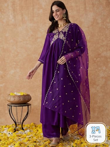 Image of SheWill Women's Vichitra Zari Sequence Embroidery Alia Cut Kurta with Palazzo Dupatta Set