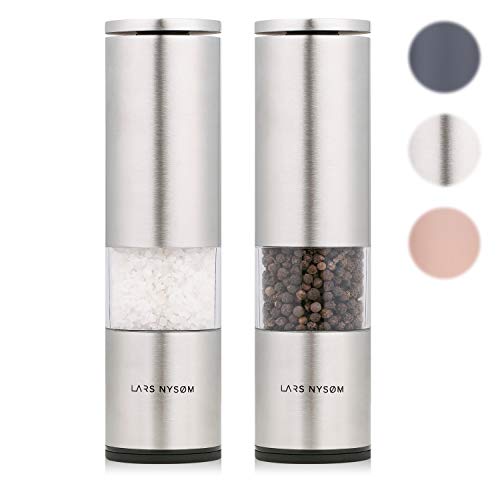 Lars NYSØM Juego de 2 molinillos de Sal y Pimienta de Acero Inoxidable con Molinillo cerámico Ajustable de Grueso a Fino I Juego de molinillos de Especias de diseño (2 Piezas)