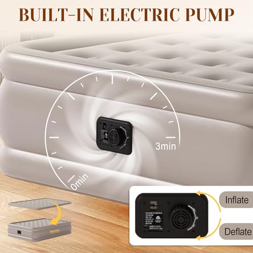 Image of Twin Air Mattress with Built-in Pump - 18 inch Height Self-Inflating Blow Up Bed for Guests, Camping & Home Use, Waterproof Inflatable Mattress with Carry Bag - Portable Single Airbed (18 inch Khaki)