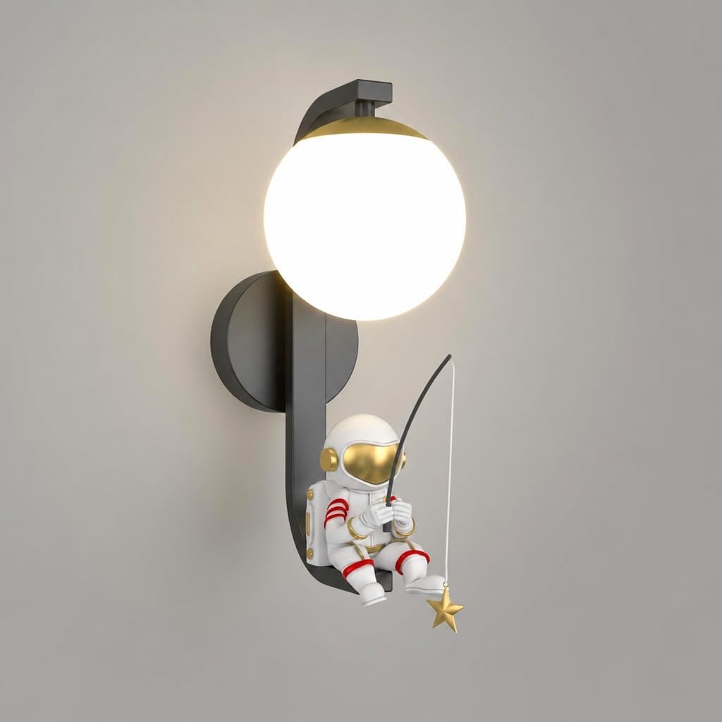 LED Wandleuchte Kinder Lampe Cartoon, Astronaut Wandleuchte Kinderzimmer Mädchen Jungen Schlafzimmer Wandbeleuchtung Runde Moon Lampe Innen Runde Glas Lampenschirm Globus