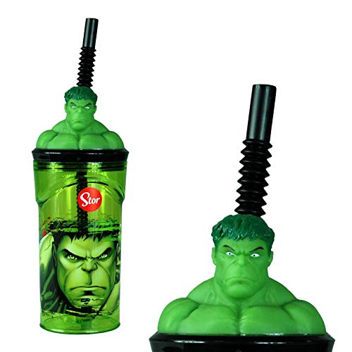Gobelet en plastique avec paille flexible The Hulk 3D - 360 ml - 7 cm de diamètre x 14 cm de hauteur - Robuste et fantaisie.