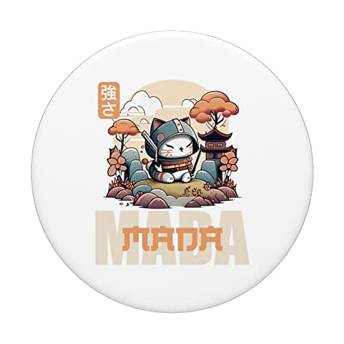 Mada Mada Kawaii Kitten Samurai Print for Young Anime Lover PopSockets Swappable PopGrip, Black - Image 3