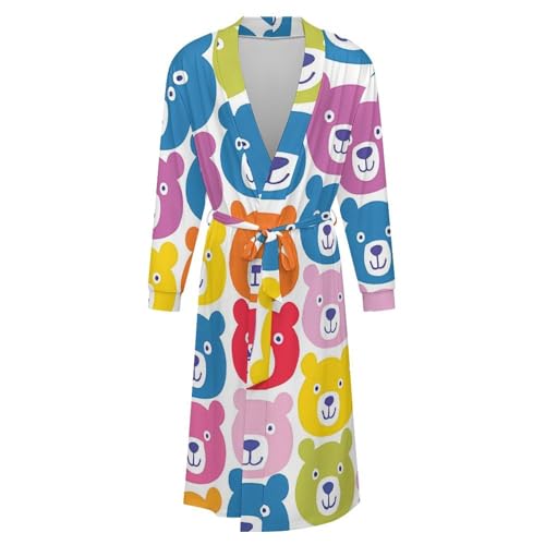 Colorful Bears Pattern Soft Robe Long Sleeve Bathrobes V Neck Sleepwear Spa Robes with Belt Men Woman4
