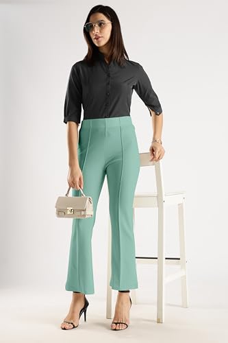 Image of SWADESI STUFF Women's Bell Bottom Trousers - High Waisted Wide Leg Palazzo Pants | Stretchy Cotton Blend Retro Pants for Casual, Office, Party