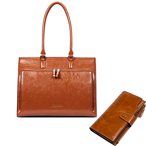 BOSTANTEN Leather Briefcase for Women Vintage 15.6 inch Laptop Bag Brown and Womens Wallet Genuine Leather Wallets Large Capacity Cash Cluth Purses Brown Bundle