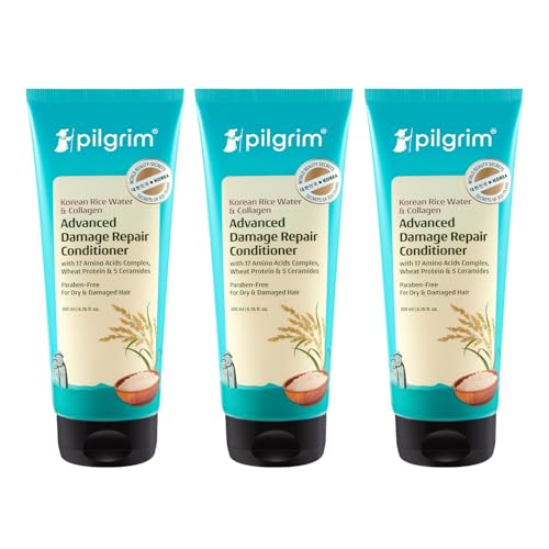 Image of Pilgrim Korean Rice Water & Collagen Advanced Damage Repair Conditioner - 200ml (Pack of 3)| With 17 Amino Acids, Wheat Protein & Ceramides | Paraben-Free | Deep Nourishment & Shine I For Women & Men