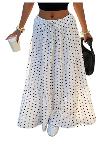 Floerns Women's Polka Dots Flowy Maxi Skirt Y2K Drawstring Waist Tiered Ruffle Going Out Skirts White Large