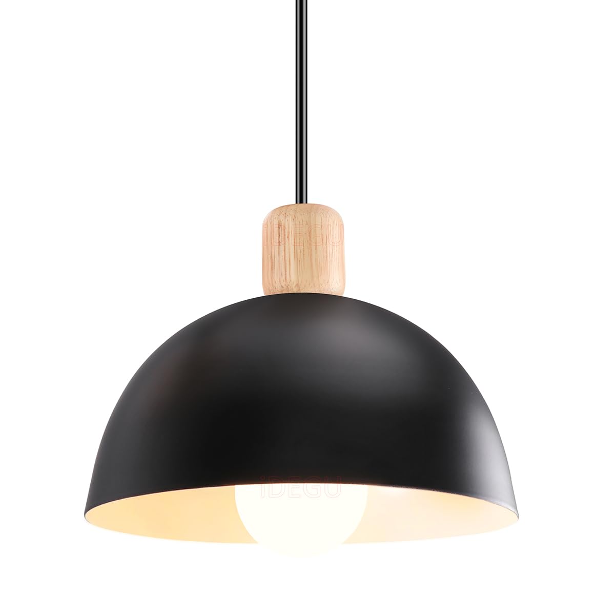 Idegu 20Cm, Black 20Cm Retro Pendant Light E27 Led Ceiling Light Modern Scandinavian Style Hemisphere Hanging Lampshade Metal Wood Pendant Light Fixture For Bedroom Dining Room Kitchen Restaurant (Black)