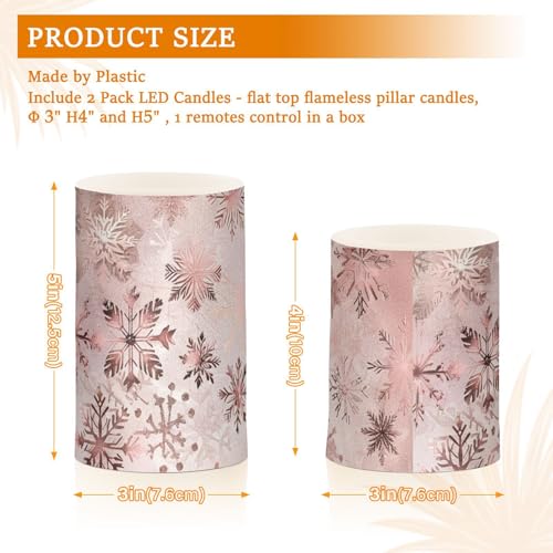 Image of Christmas Lights Flameless Candles Seamless Pattern Rose Gold Snowflakes Pillar Candles Set of 2 Battery Operated Remote Control Warm Lights Home Decor