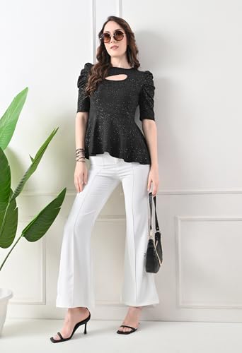 Image of Women's Glitter Peplum Top with Keyhole Neck | Puff Sleeve Top