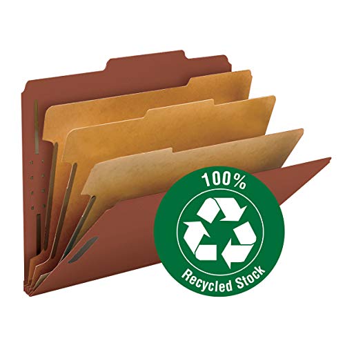 Smead 100% Recycled Pressboard Classification File Folder, 3 Dividers, 3" Expansion, Letter Size, Red, 10 Per Box (14099) #TOP2