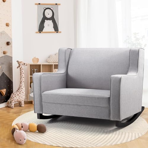 Image of Esright Nursey Rocking Chair, Extra Wide Wingback Tufted Upholstered Chair, Baby Rocker for Nursery Comfortable Relax Glider Chair and A Half, Light Grey