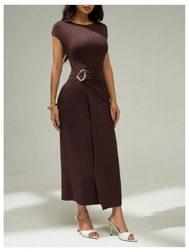 Floerns Women's Asymmetrical Wrap Dress Metal Ruched Cap Sleeve Bodycon Midi Dresses2