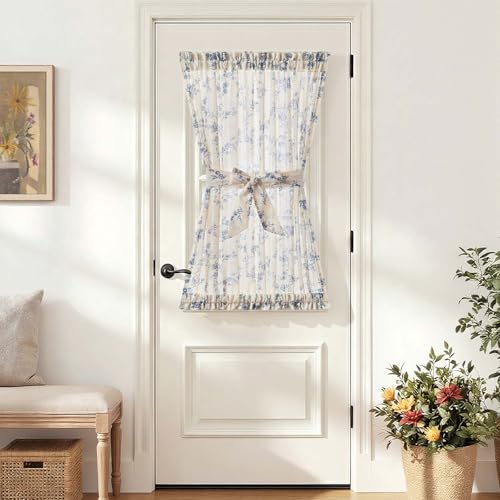 Image of jinchan Floral French Door Curtain Panel Farmhouse Decor Light Filtering Linen with Tie Up Bow for Glass Door or Patio 40 Inch Length Rod Pocket 1 Panel Blue on Linen