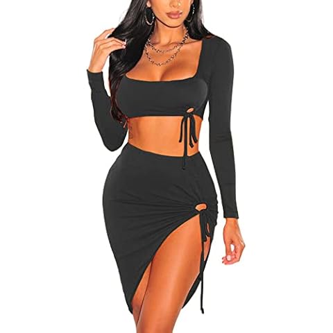 Azhong Women's Sexy Long Sleeve 2 Piece Outfits Square Neck Crop Top Drawstring High Slit Skirt Summer 2 Piece Skirt Sets, Black, Medium Cover