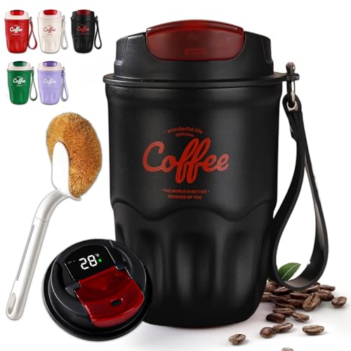 Image of Coffee Vacuum Flask, Portable Coffee Cup with Lid & Handle, Stainless Steel Insulated Water Bottle for Home, Office, and Outdoor Use, Insulated Travel Drinkware, Travel Coffee Mugs (Black,Smart)
