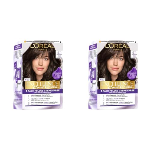 L'Oréal Paris Permanente Haarfarbe mit Farbergebnis, 100% Grauhaarabdeckung, Set mit Coloration, Shampoo und Pflegecreme, Excellence Cool Creme, Nr. 4.11 Ultra kühles Mittelbraun (Braun)