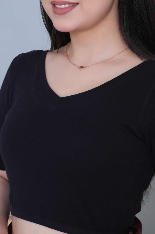 Image of Mlada V-Neck Stretchable Saree Blouse Top for Women | Slim Fit Short Sleeves Solid Cotton Blouses | Readymade Saree Blouses for Women Festive & Ethnic | Blouse Crop Top