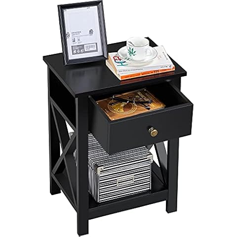 costoffs Modern Black Bedside Table with Drawer Cover