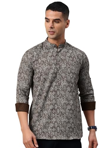 Image of Majestic Man Men's Pure Cotton Printed Mandarin Collar Regular Fit Roll-Up Sleeves Short Kurta