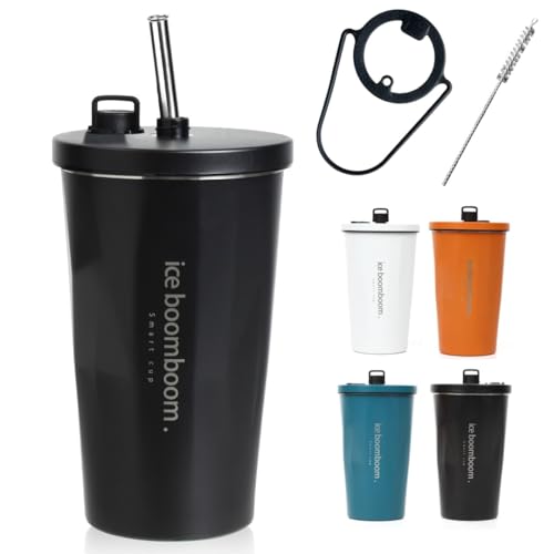 タンブラー ストロー付きタンブラー 保冷 保温 大容量 600ml こぼれない 持ち運び 蓋付きシリコン ステンレス 水筒 おしゃれ 車 (ブラック「取手&ストローブラシ」)