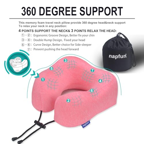 napfun Neck Pillow for Traveling, Upgraded Travel Neck Pillow for Airplane 100% Pure Memory Foam Travel Pillow for Flight Headrest Sleep, Portable Plane Accessories, Rose
