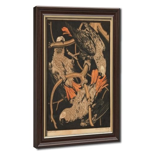 Tableau perroquets gris par N. Von Bresslern-Roth, cadre suspendu pour élégant décor de bureau